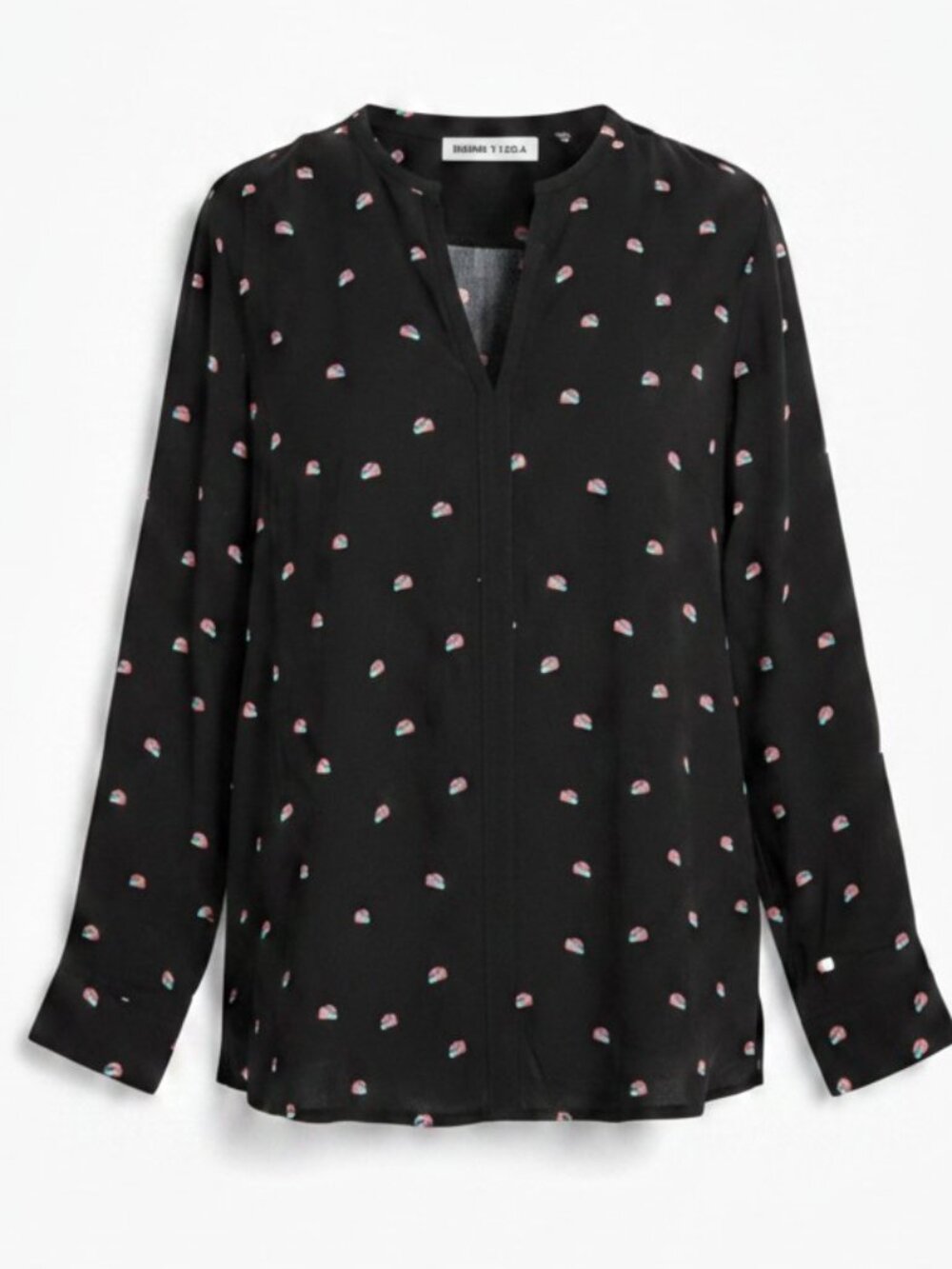 NWOT Bimba y Lola Black Viscose Novelty Cake Print Blouse M